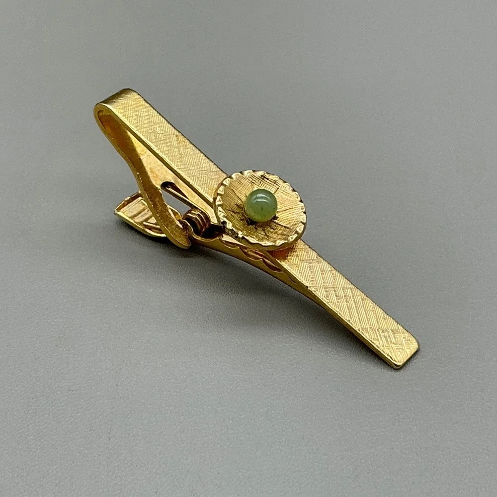 Vintage Tie Clip Gold Tone Genuine Green Jade Cabochon Men's Necktie Bar